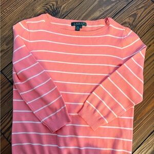 Lauren Ralph Lauren Coral and White Striped Crew Neck Top